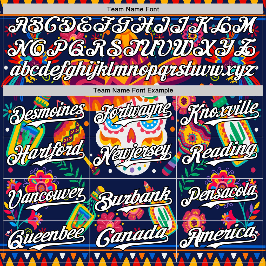 Custom Navy White-Black 3D Mexican Festival Flower Skull With Sombrero Cinco de Mayo Authentic Baseball Jersey