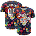 Custom Navy White-Black 3D Mexican Festival Flower Skull With Sombrero Cinco de Mayo Authentic Baseball Jersey