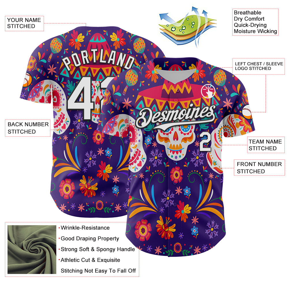 Custom Purple White-Black 3D Mexican Festival Flower Skull With Sombrero Cinco de Mayo Authentic Baseball Jersey