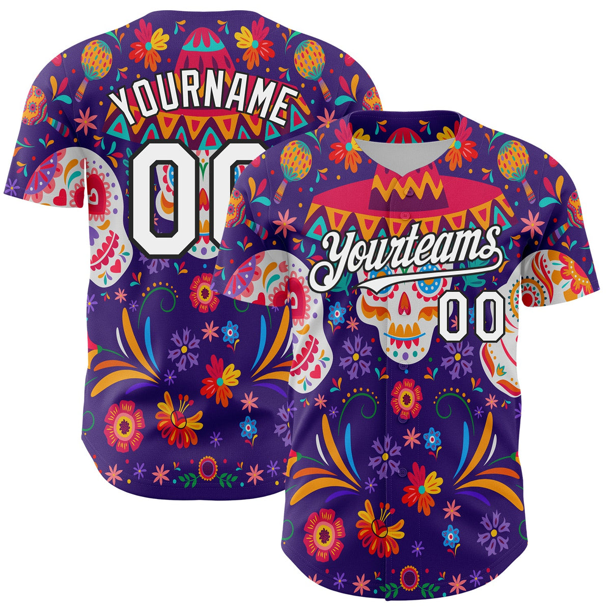 Custom Purple White-Black 3D Mexican Festival Flower Skull With Sombrero Cinco de Mayo Authentic Baseball Jersey