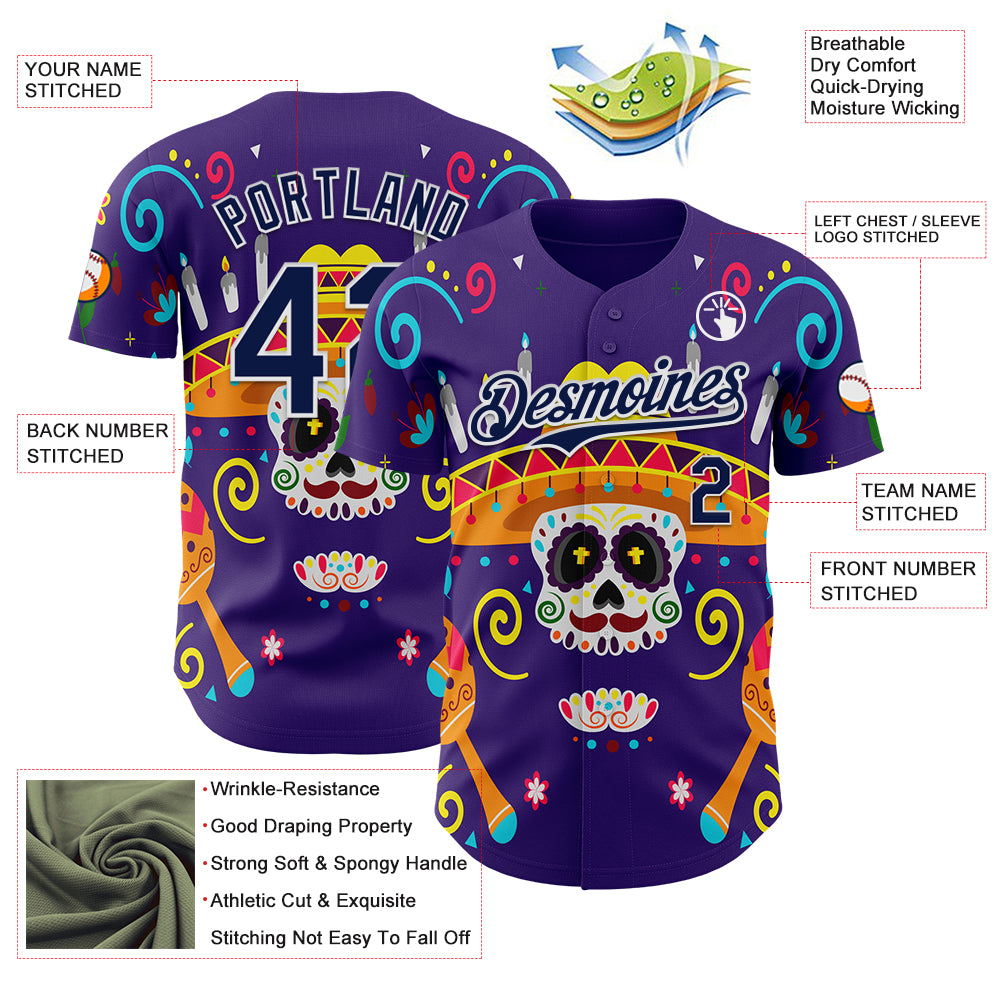 Custom Purple Navy-White 3D Mexican Festival Flower Skull With Sombrero Cinco de Mayo Authentic Baseball Jersey