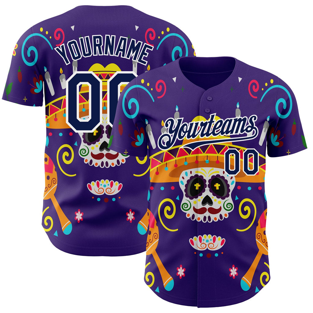Custom Purple Navy-White 3D Mexican Festival Flower Skull With Sombrero Cinco de Mayo Authentic Baseball Jersey