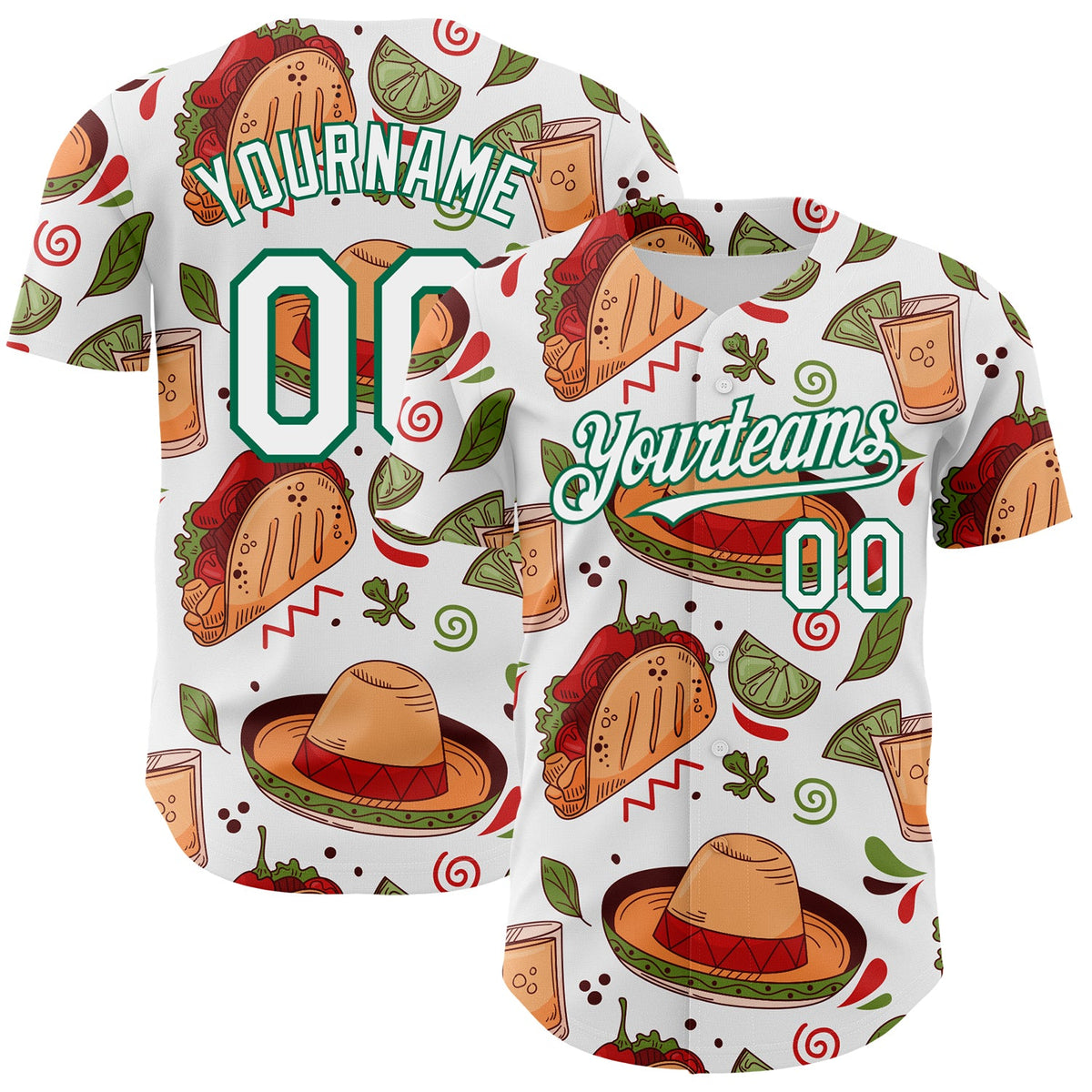 Custom White Kelly Green 3D Mexican Festival Tacos And Sombrero Cinco de Mayo Authentic Baseball Jersey