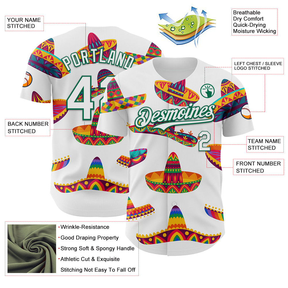 Custom White Kelly Green 3D Mexican Festival Sombrero Cinco de Mayo Authentic Baseball Jersey
