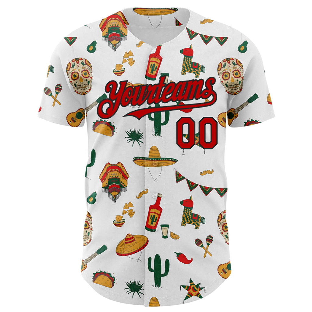 Custom White Red-Black 3D Mexican Festival Cactus Skull Sombrero Cinco de Mayo Authentic Baseball Jersey