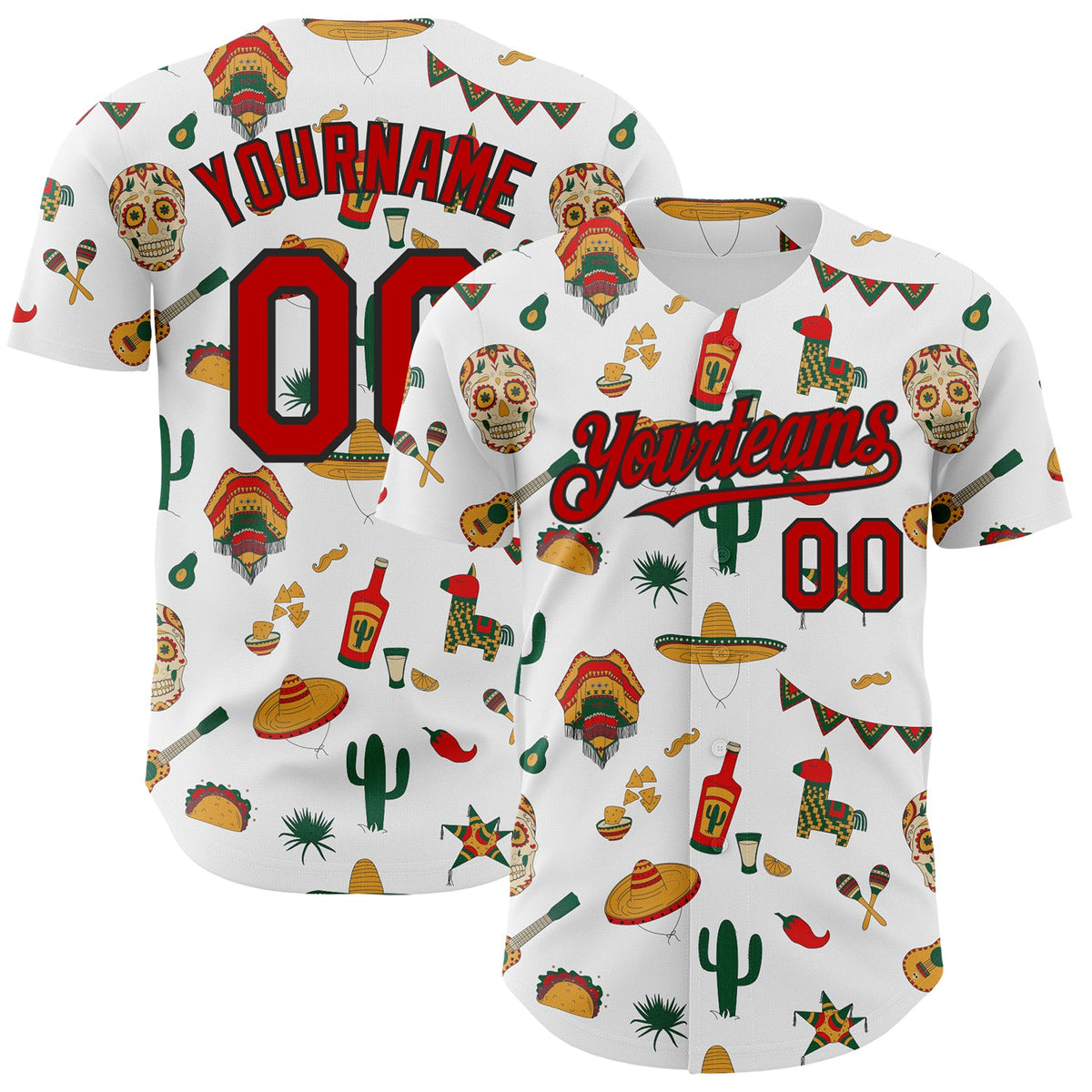 Custom White Red-Black 3D Mexican Festival Cactus Skull Sombrero Cinco de Mayo Authentic Baseball Jersey