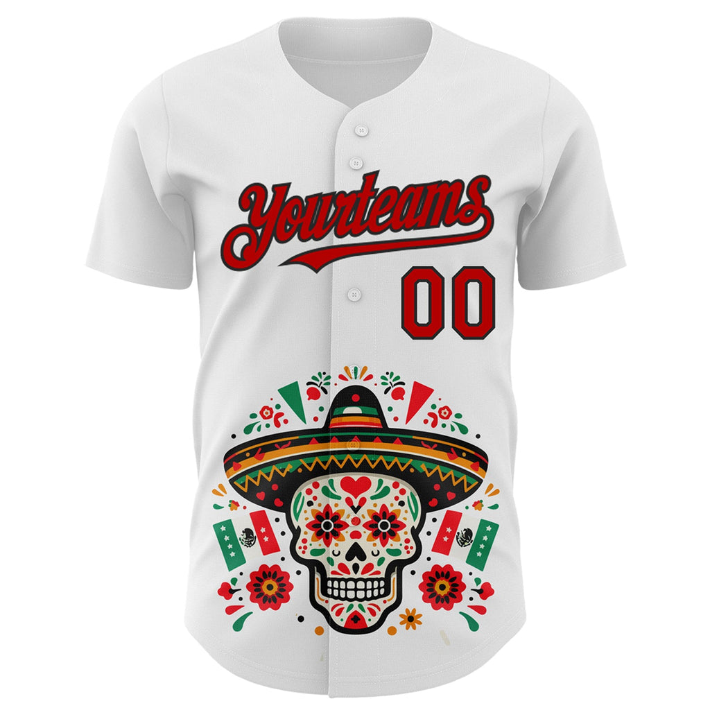 Custom White Red-Black 3D Mexican Festival Flag Skull With Sombrero Cinco de Mayo Authentic Baseball Jersey