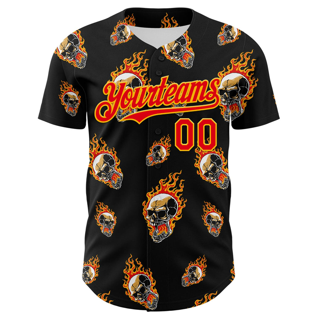 Custom Black Fire Red-Gold 3D Flame? Skull Authentic Baseball Jersey