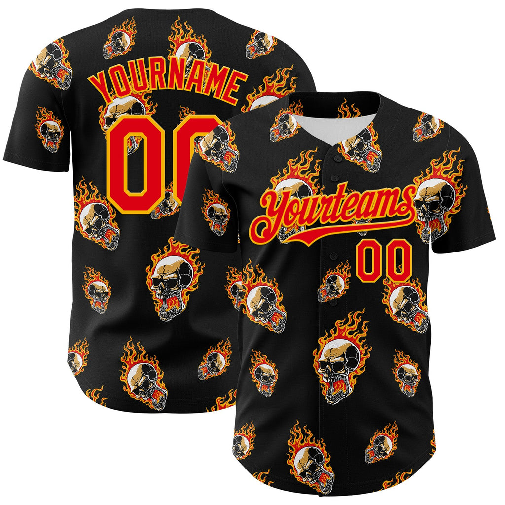 Custom Black Fire Red-Gold 3D Flame? Skull Authentic Baseball Jersey