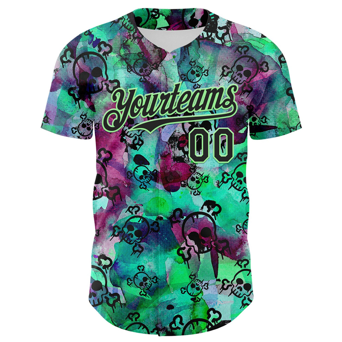 Custom Pea Green Black 3D Graffiti Skull Authentic Baseball Jersey