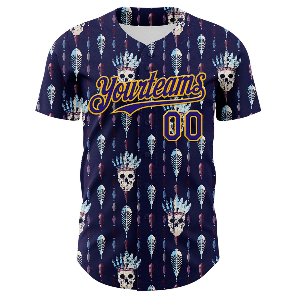 Custom Blue Dark Purple-Gold 3D Apache Skull Authentic Baseball Jersey