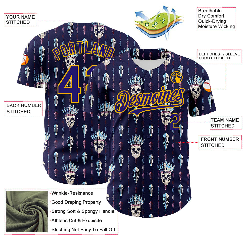Custom Blue Dark Purple-Gold 3D Apache Skull Authentic Baseball Jersey