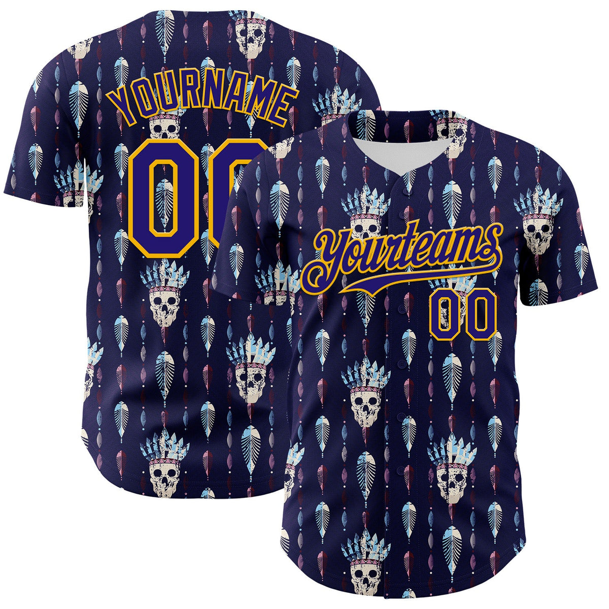 Custom Blue Dark Purple-Gold 3D Apache Skull Authentic Baseball Jersey