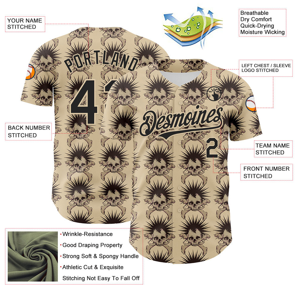 Custom City Cream Black 3D Skull Authentic Baseball Jersey