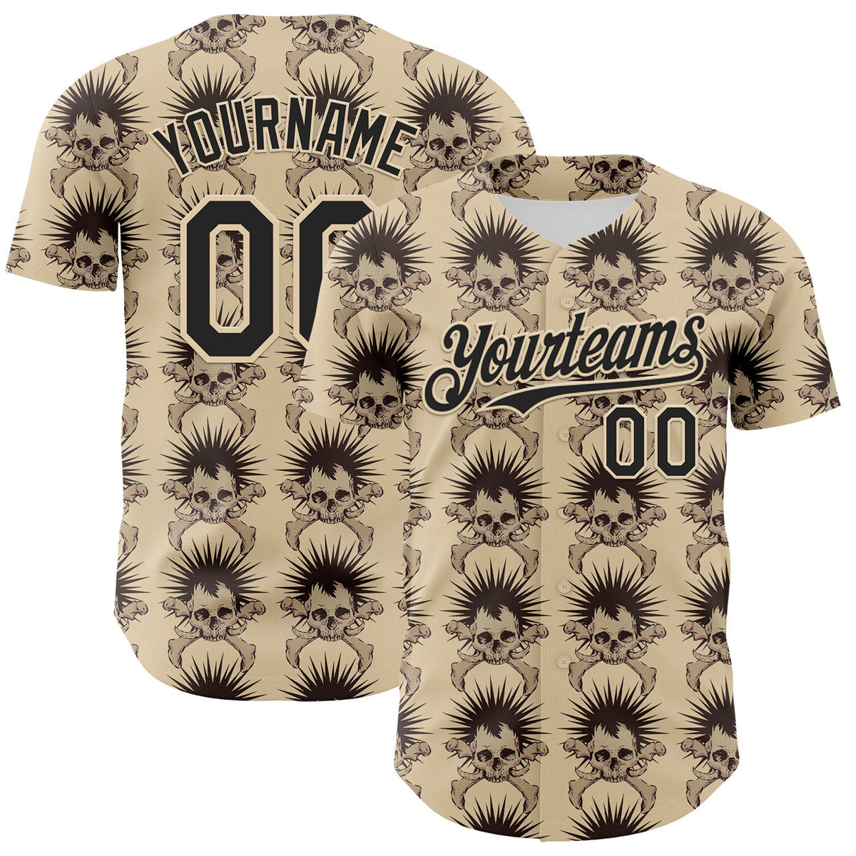 Custom City Cream Black 3D Skull Authentic Baseball Jersey