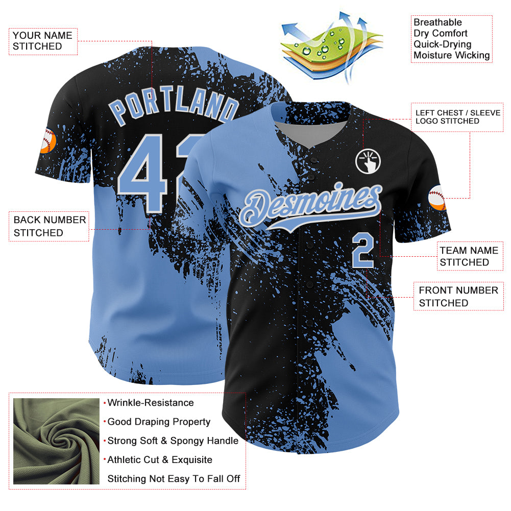 Custom Light Blue Black-White 3D Pattern Design Abstract Brush Stroke Authentic Baseball Jersey