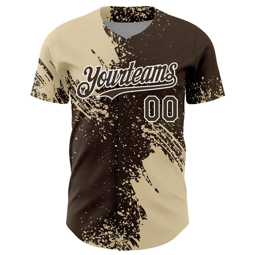 Custom Cream Brown-White 3D Pattern Design Abstract Brush Stroke Authentic Baseball Jersey