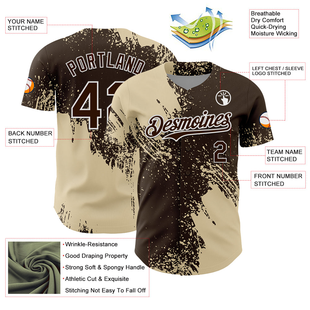 Custom Cream Brown-White 3D Pattern Design Abstract Brush Stroke Authentic Baseball Jersey