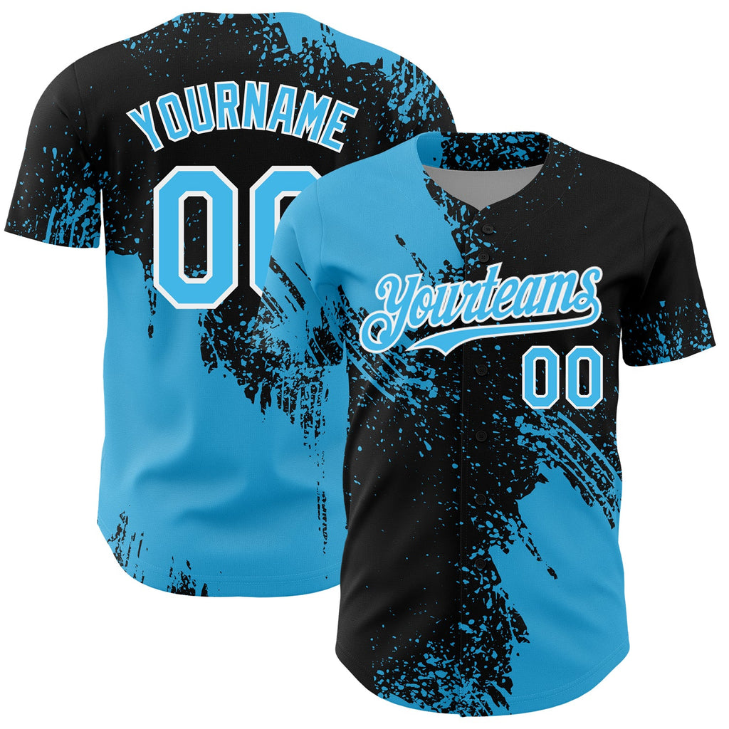 Custom Sky Blue Black-White 3D Pattern Design Abstract Brush Stroke Authentic Baseball Jersey