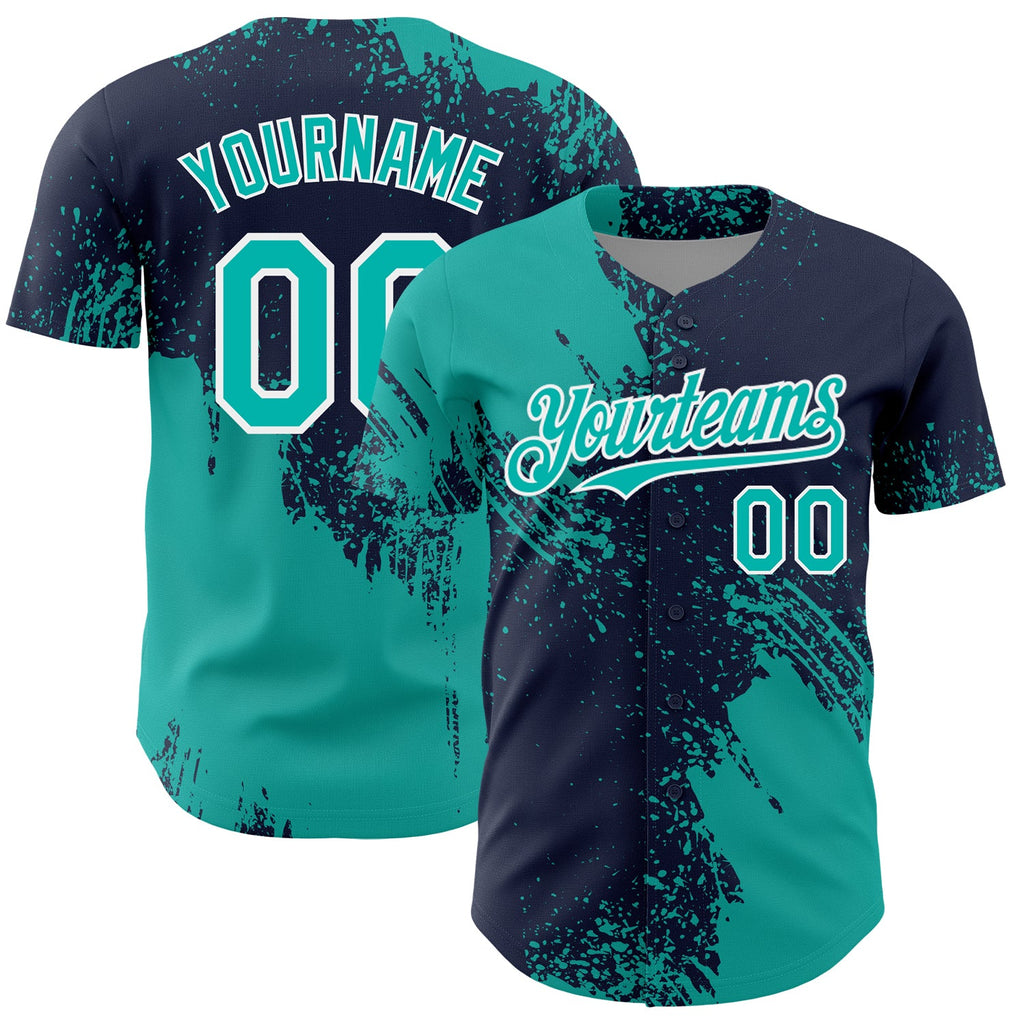 Custom Aqua Navy-White 3D Pattern Design Abstract Brush Stroke Authentic Baseball Jersey