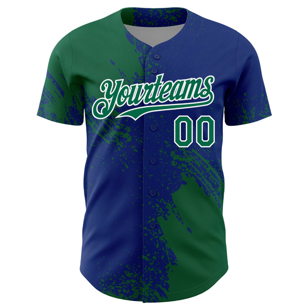 Custom Kelly Green Royal-White 3D Pattern Design Abstract Brush Stroke Authentic Baseball Jersey