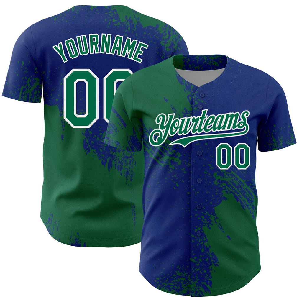 Custom Kelly Green Royal-White 3D Pattern Design Abstract Brush Stroke Authentic Baseball Jersey