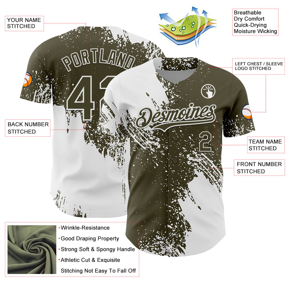 Custom White Olive 3D Pattern Design Abstract Brush Stroke Authentic Baseball Jersey