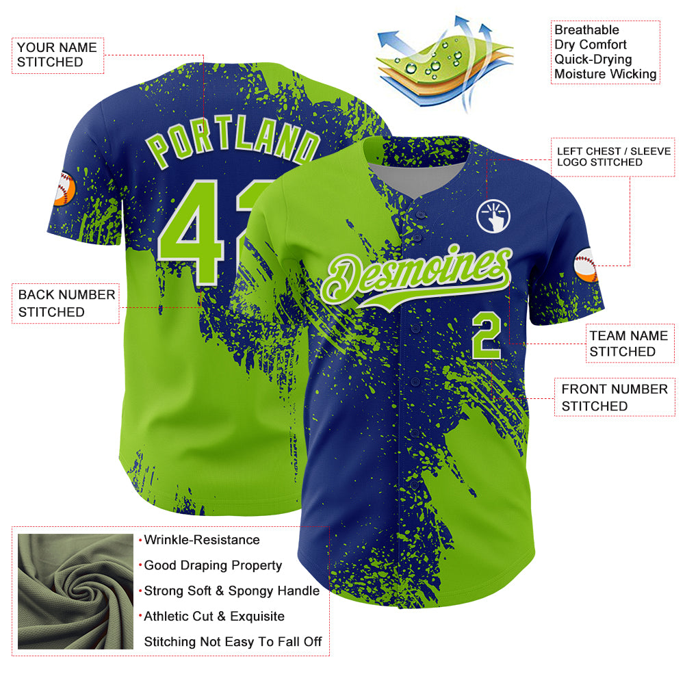 Custom Neon Green Royal-White 3D Pattern Design Abstract Brush Stroke Authentic Baseball Jersey