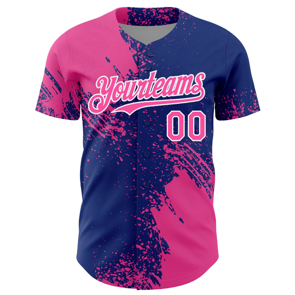 Custom Pink Royal-White 3D Pattern Design Abstract Brush Stroke Authentic Baseball Jersey