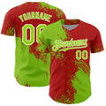 Custom Neon Green Red-White 3D Pattern Design Abstract Brush Stroke Authentic Baseball Jersey