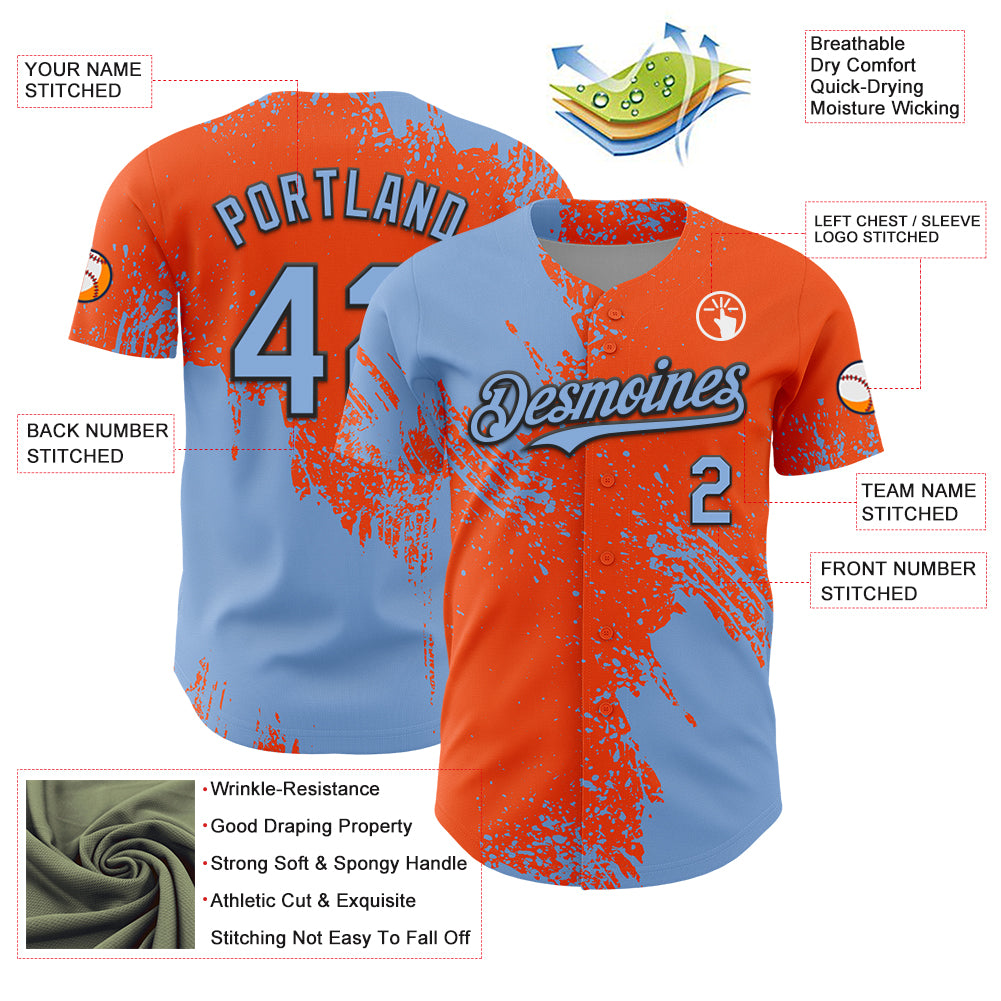 Custom Light Blue Orange-Black 3D Pattern Design Abstract Brush Stroke Authentic Baseball Jersey