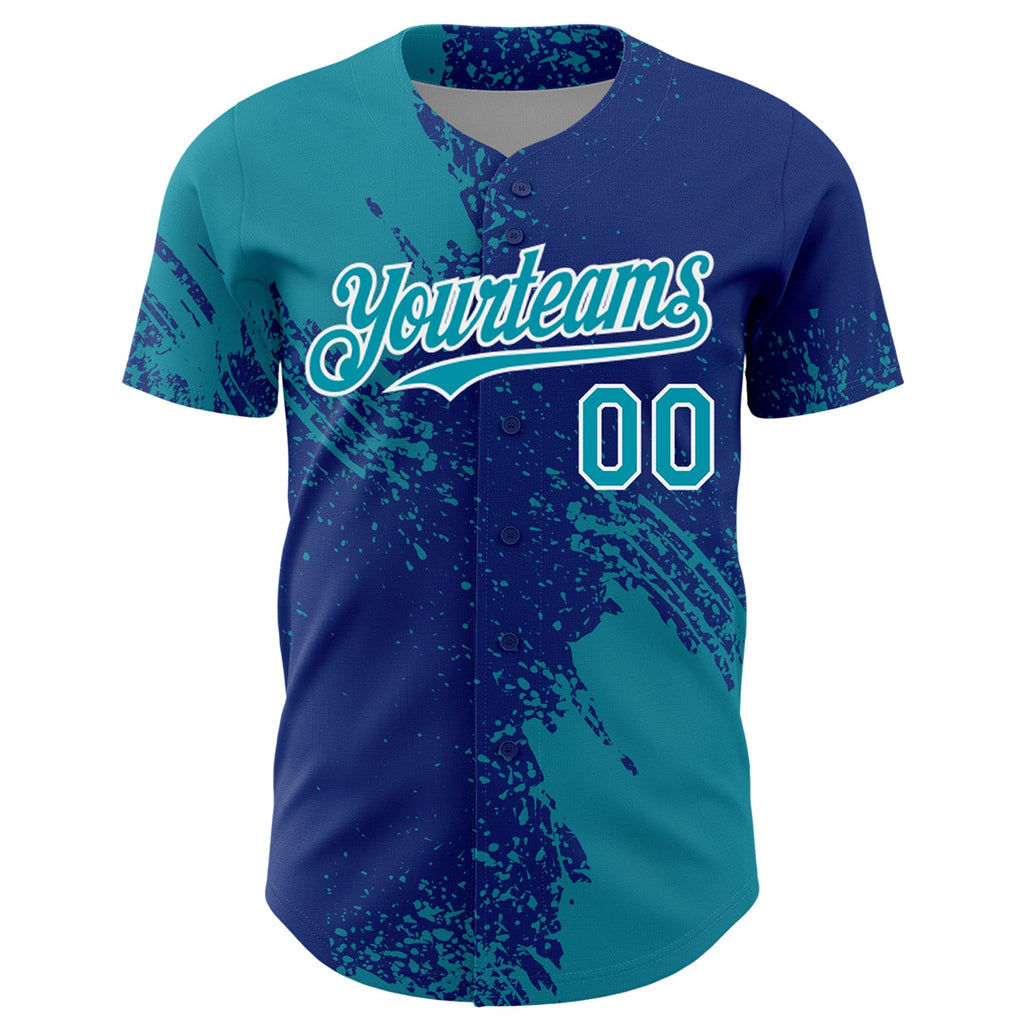 Custom Teal Royal-White 3D Pattern Design Abstract Brush Stroke Authentic Baseball Jersey