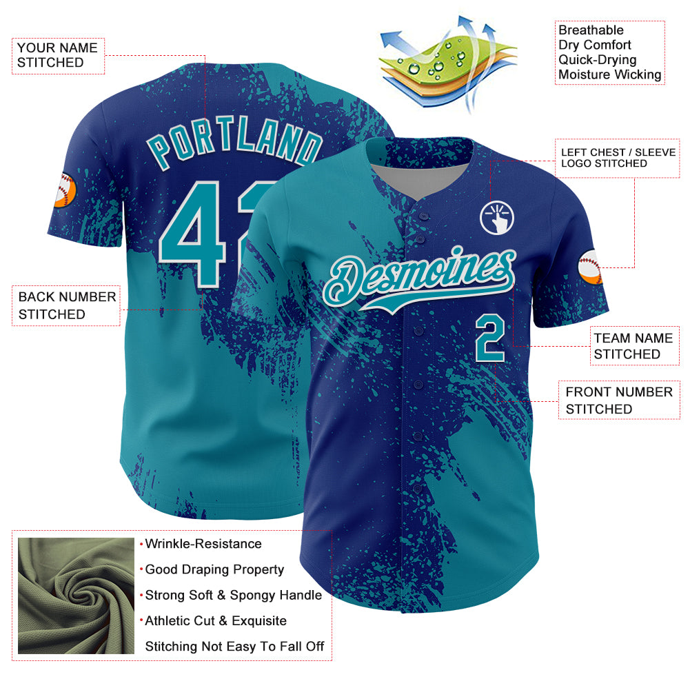 Custom Teal Royal-White 3D Pattern Design Abstract Brush Stroke Authentic Baseball Jersey