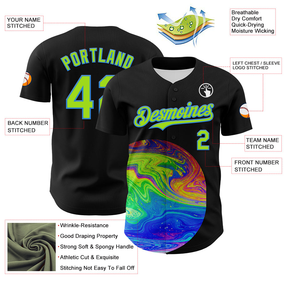 Custom Black Neon Green-Electric Blue 3D Pattern Design Rave Psychedelic Fluid Art Authentic Baseball Jersey
