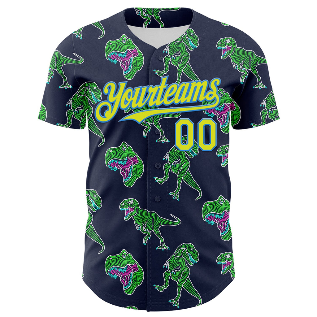 Custom Navy Neon Yellow-Electric Blue 3D Pattern Design Rave Psychedelic Neon Dinosaur Authentic Baseball Jersey
