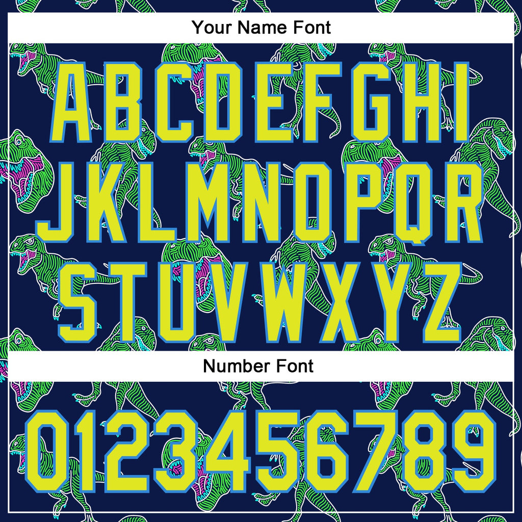 Custom Navy Neon Yellow-Electric Blue 3D Pattern Design Rave Psychedelic Neon Dinosaur Authentic Baseball Jersey