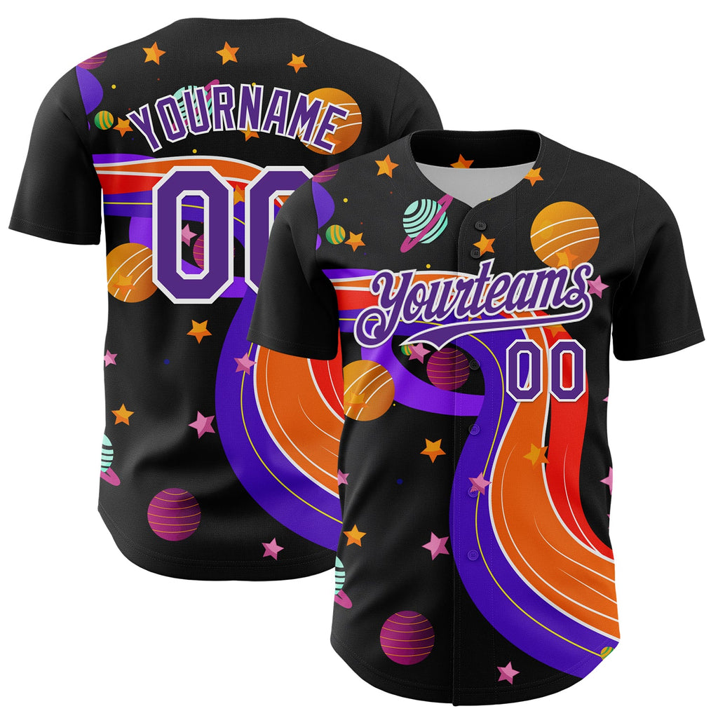 Custom Black Purple-White 3D Pattern Design Space Galaxy Star Authentic Baseball Jersey