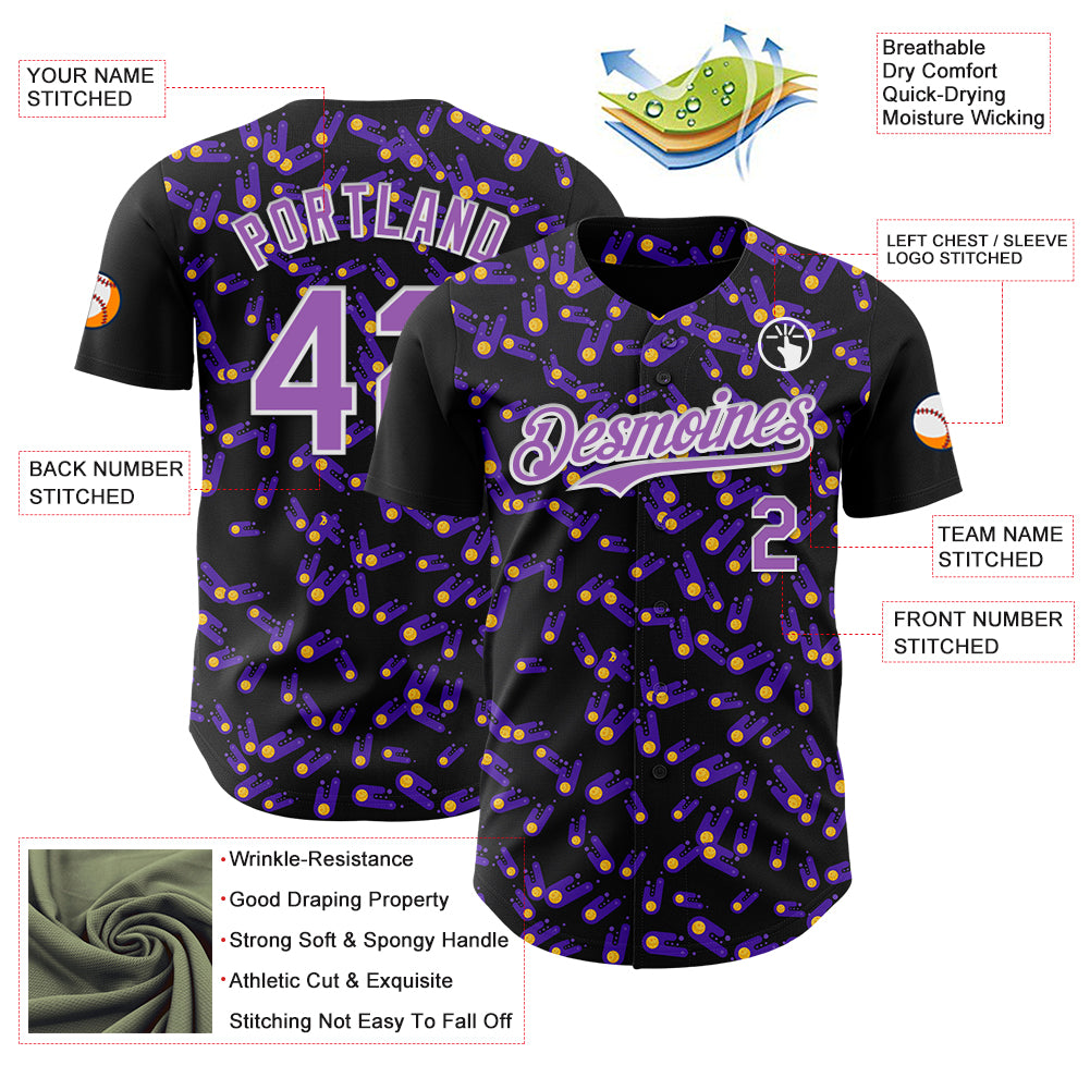 Custom Black Medium Purple-White 3D Pattern Design Galaxy Star Meteor Authentic Baseball Jersey
