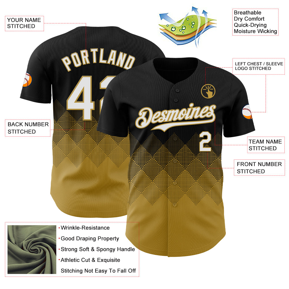 Custom Black White-Old Gold 3D Gradient Square Shape Authentic Baseball Jersey