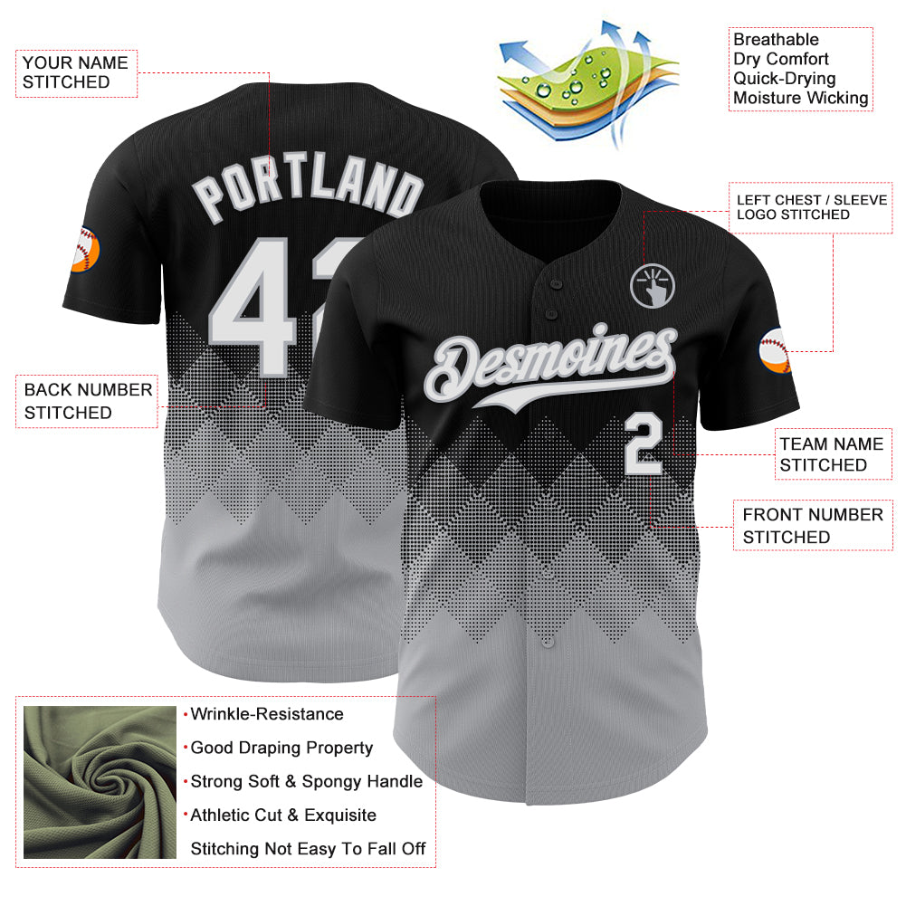 Custom Black White-Gray 3D Gradient Square Shape Authentic Baseball Jersey