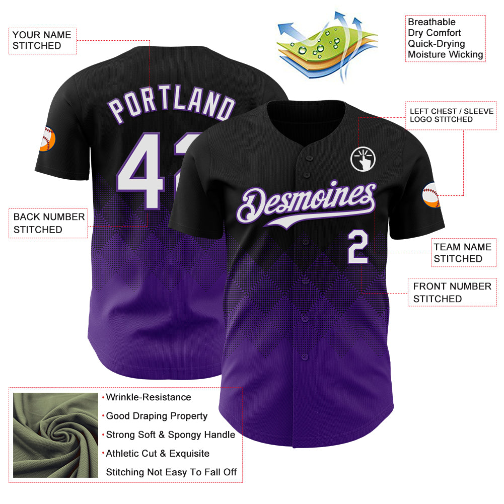 Custom Black White-Purple 3D Gradient Square Shape Authentic Baseball Jersey