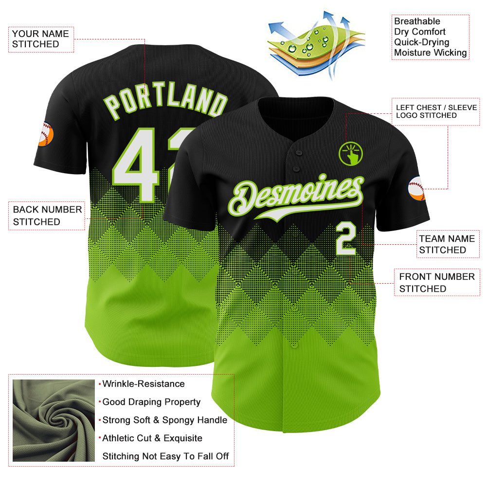 Custom Black White-Neon Green 3D Gradient Square Shape Authentic Baseball Jersey