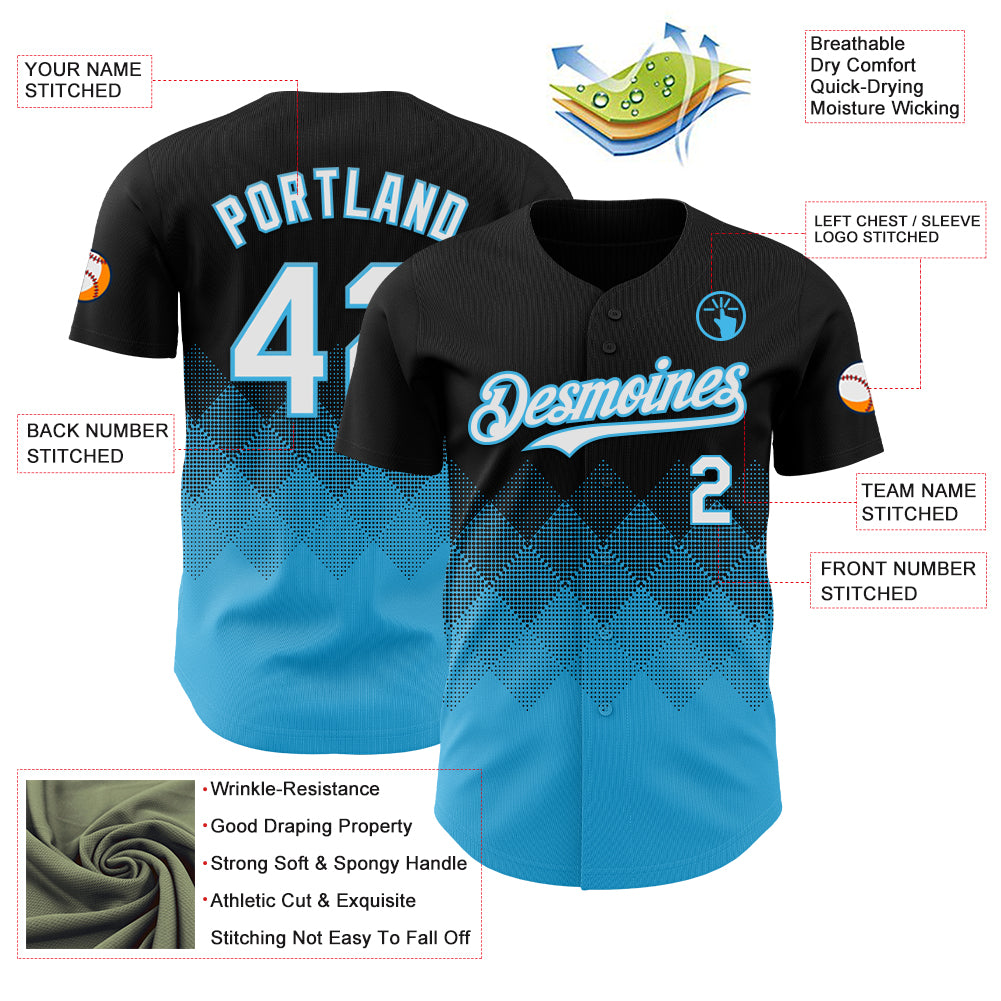 Custom Black White-Sky Blue 3D Gradient Square Shape Authentic Baseball Jersey