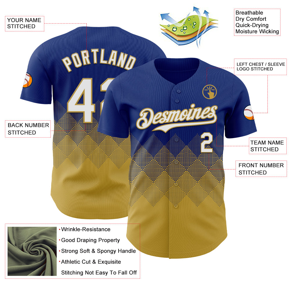 Custom Royal White-Old Gold 3D Gradient Square Shape Authentic Baseball Jersey