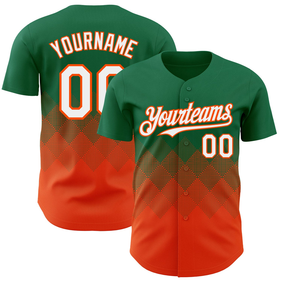 Custom Kelly Green White-Orange 3D Gradient Square Shape Authentic Baseball Jersey