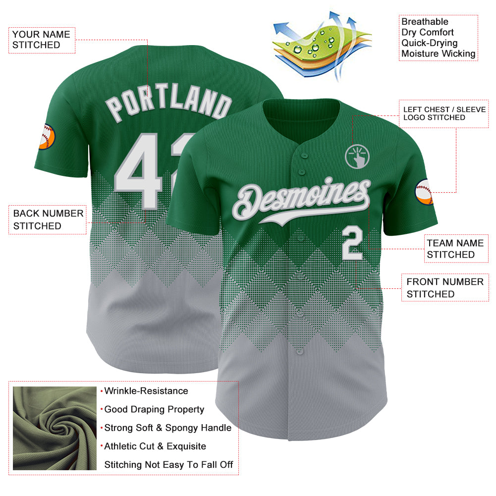 Custom Kelly Green White-Gray 3D Gradient Square Shape Authentic Baseball Jersey