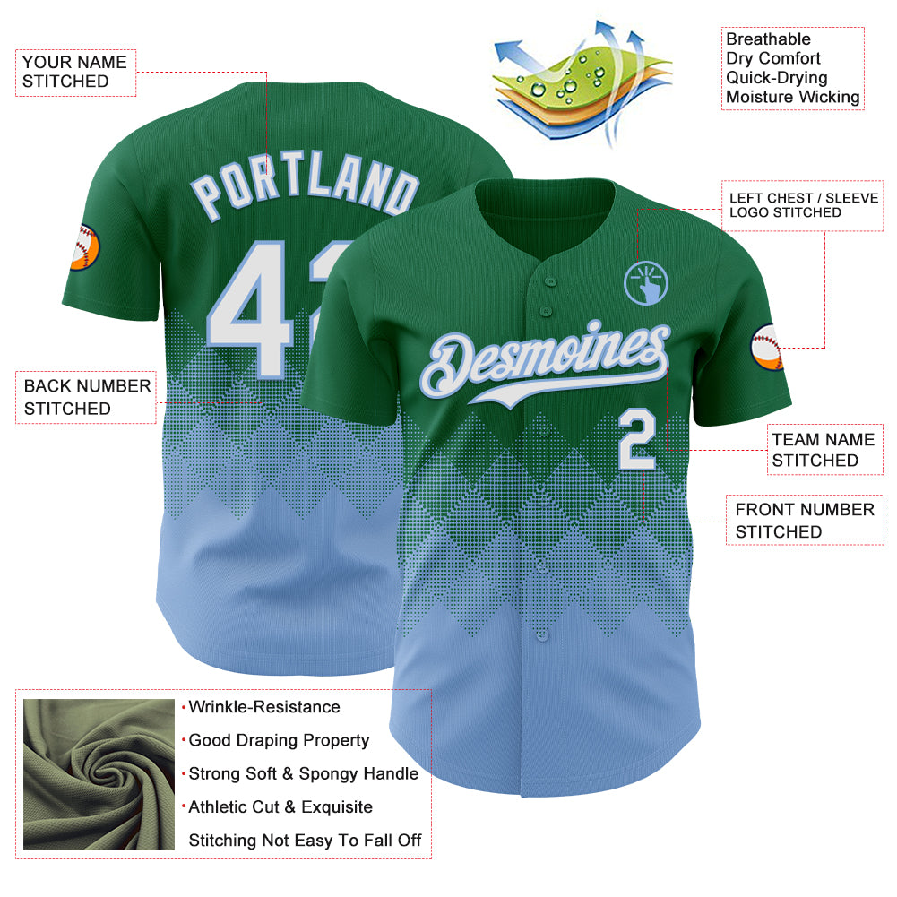 Custom Kelly Green White-Light Blue 3D Gradient Square Shape Authentic Baseball Jersey