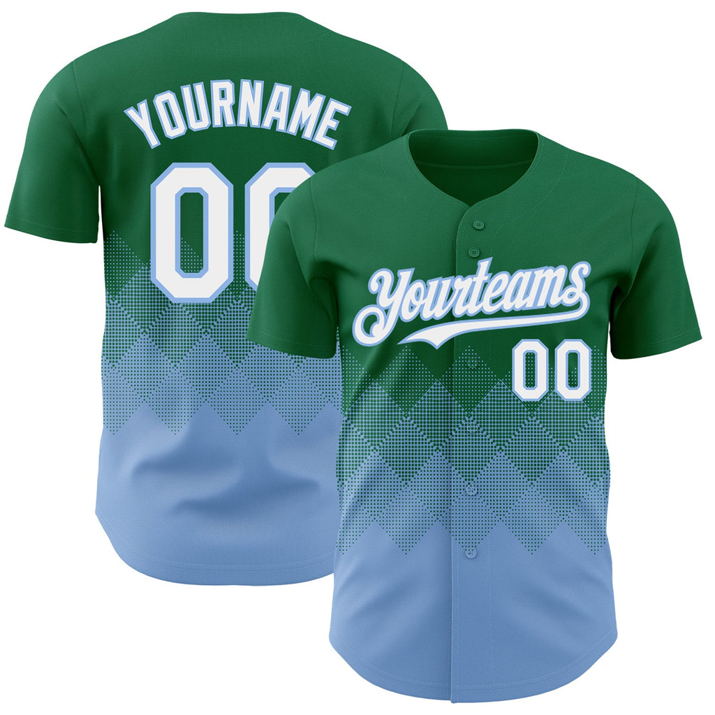 Custom Kelly Green White-Light Blue 3D Gradient Square Shape Authentic Baseball Jersey