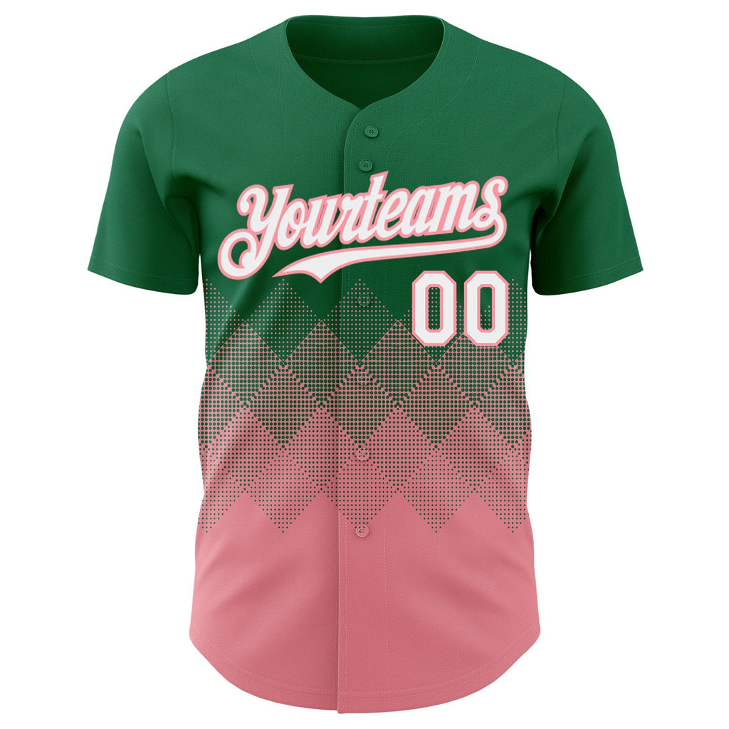 Custom Kelly Green White-Medium Pink 3D Gradient Square Shape Authentic Baseball Jersey