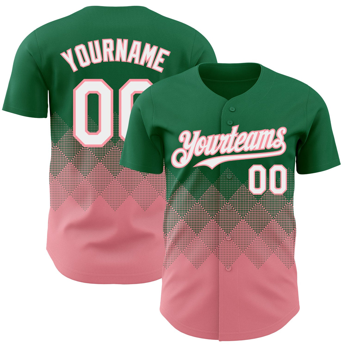 Custom Kelly Green White-Medium Pink 3D Gradient Square Shape Authentic Baseball Jersey